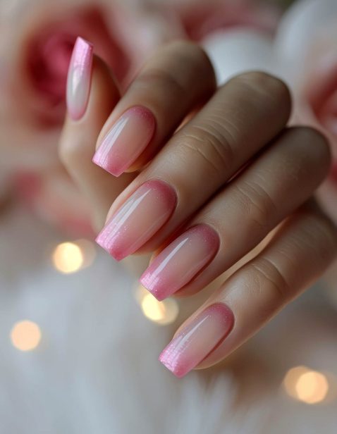 A close-up of a hand with pink ombre nail polish. The nails are neatly manicured and the polish is a light pink color that fades to a darker pink at the tips.